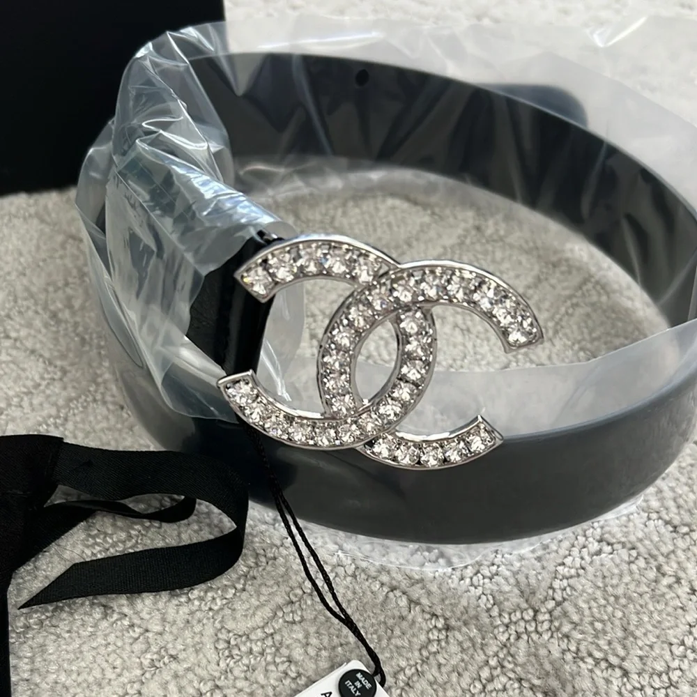 Chanel Black Belt with Crystal Logo size 80